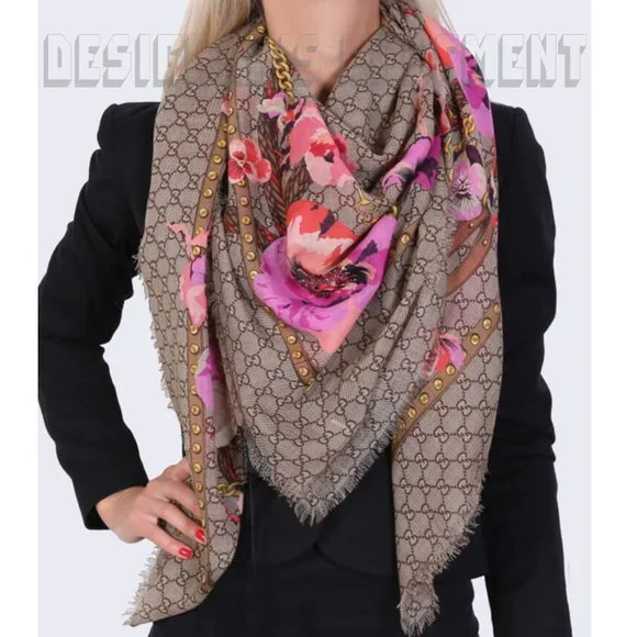 GUCCI pink Oshibana Flowers PANSHIE GG gold Chains giant 53"-square wool scarf - Picture 6 of 10
